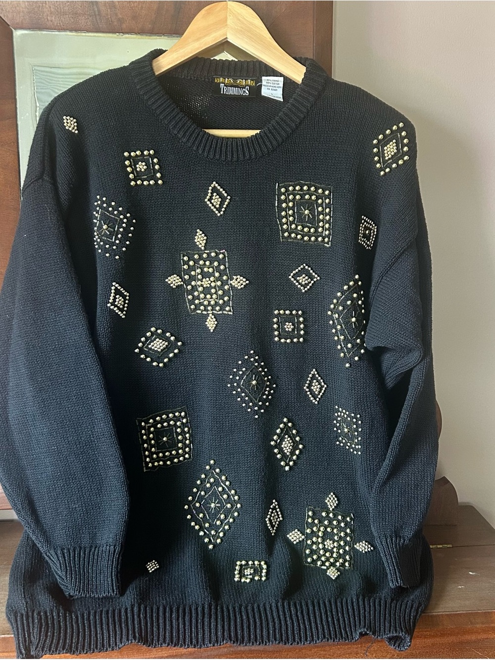 VTG 80s/90s Trimmings Beaded Geometric Pattern Black Sweater: Size Large